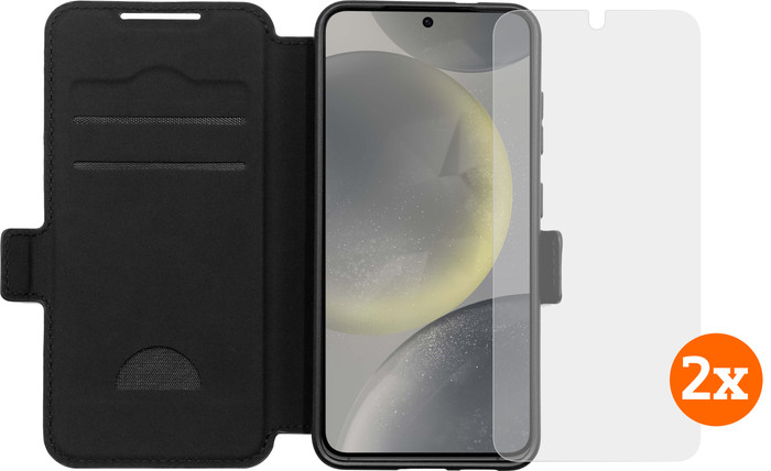 BlueBuilt Samsung Galaxy S25 Book Case Zwart + Screenprotector Glas Duo Pack Main Image