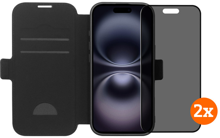 BlueBuilt Apple iPhone 17 Book Case Leer Zwart + Privacy Filter Screenprotector Duo Pack Main Image