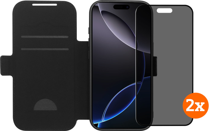 BlueBuilt Apple iPhone 17 Pro Book Case Leer Zwart + Privacy Screenprotector Duo Pack Main Image