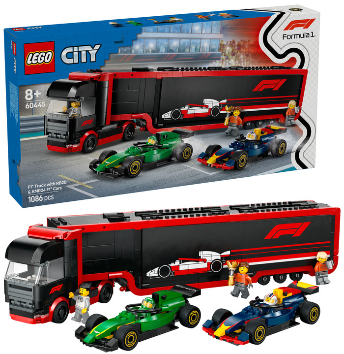 LEGO City F1 Truck met RB20 en AMR24 F1 auto's 60445 rechterkant