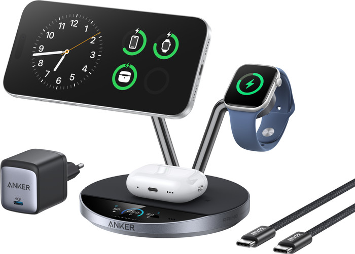 Anker Prime 3-in-1 MagGo en Qi2.2 Draadloze Oplader 25W Zwart product in gebruik
