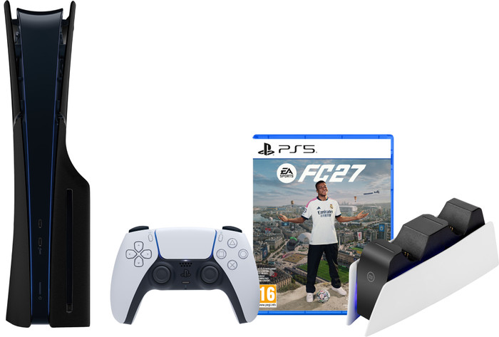 PlayStation 5 Slim Disc Edition + FC 27 + Covers Zwart + Oplaadstation Main Image