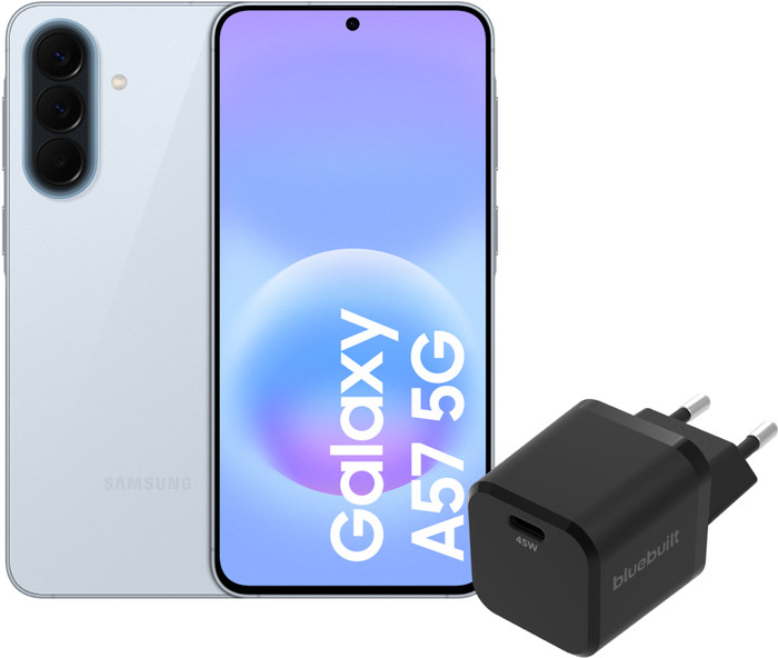Samsung Galaxy A57 128 Go Bleu Clair 5G + BlueBuilt Chargeur avec Port USB-C 45 W Noir Main Image