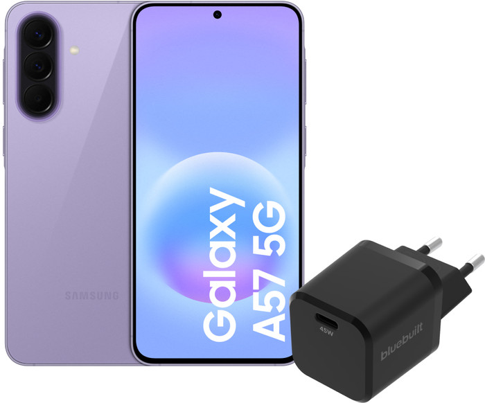 Samsung Galaxy A57 256 Go Mauve 5G + BlueBuilt Chargeur avec Port USB-C 45 W Noir Main Image