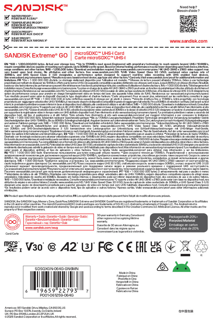 SANDISK Extreme GO microSDXC 64GB 170MB/s verpakking