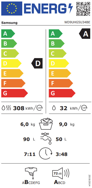 Samsung WD9UHG5U34BEEN SuperSpeed - 9/6 kg energielabel
