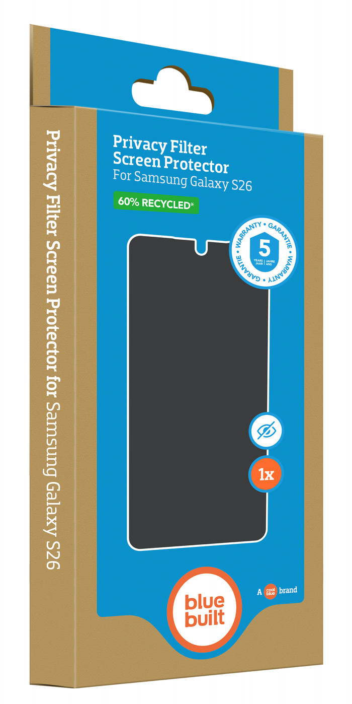 BlueBuilt Galaxy S26 Privacy Filter Screen Protector Glass packaging