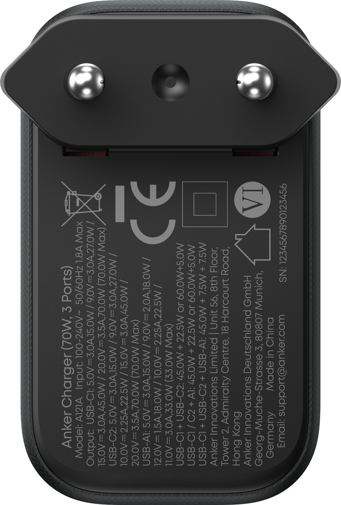 Anker Nano Oplader met 3 Usb Poorten 70W Zwart voorkant