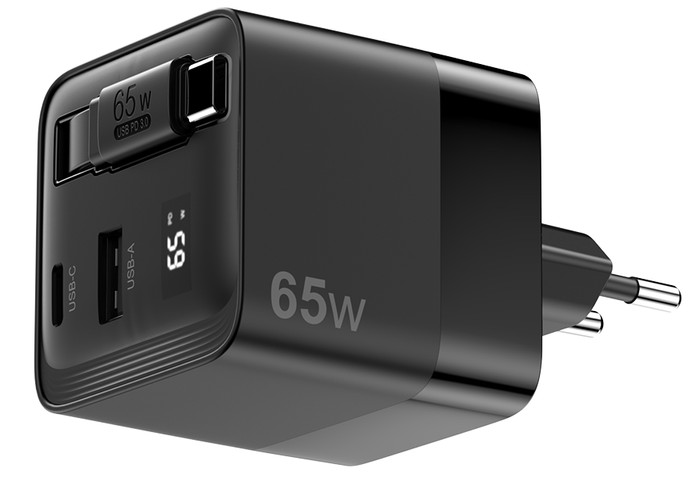 Sitecom 65W GaN Oplader met Uittrekbare Kabel voorkant