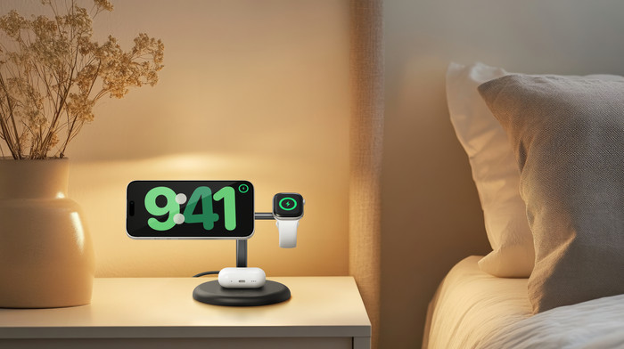 Belkin 3-in-1 Draadloze Oplader met MagSafe 25 Watt Zwart product in gebruik