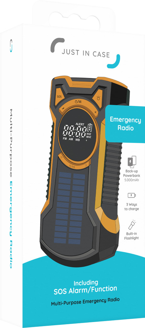 Just in Case Radio de Secours avec Panneau Solaire et Batterie Externe 5000 mAh Orange emballage