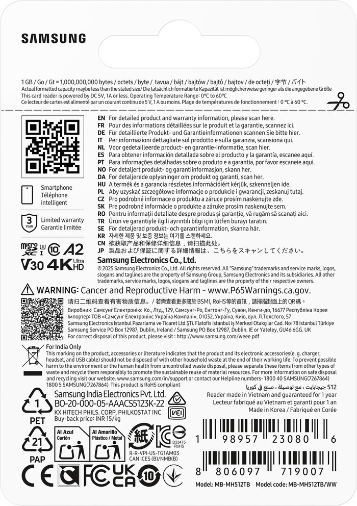 Samsung MicroSDXC T9 512GB 200MB/s + USB Reader packaging