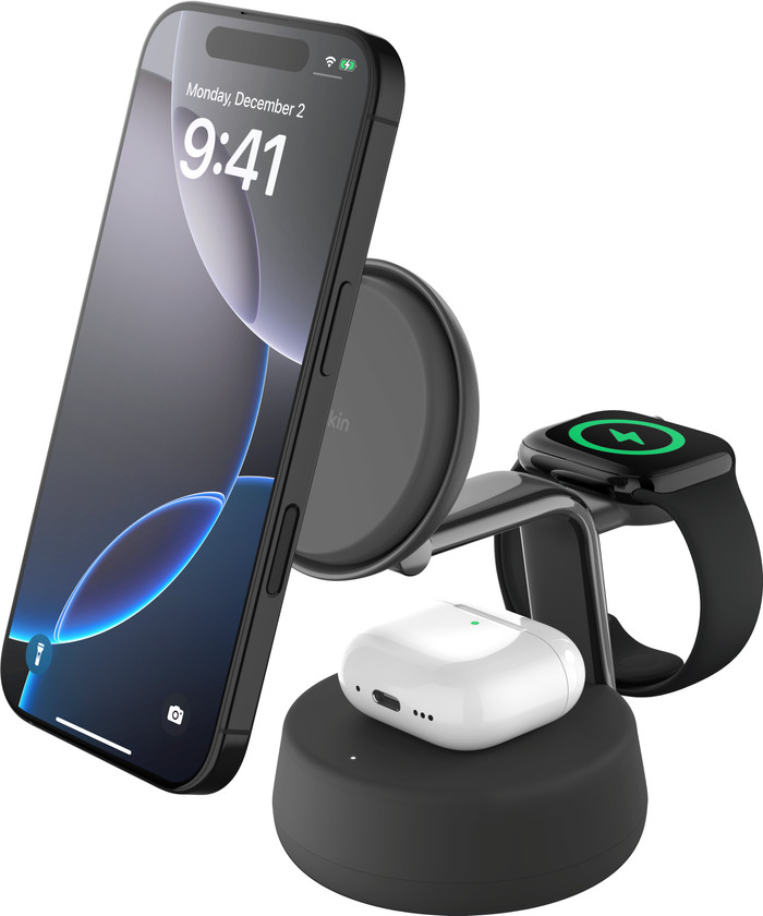 Belkin UltraCharge Pro 3-in-1 MagSafe Draadloze Oplader met Standaard Qi2 25W Zwart Main Image