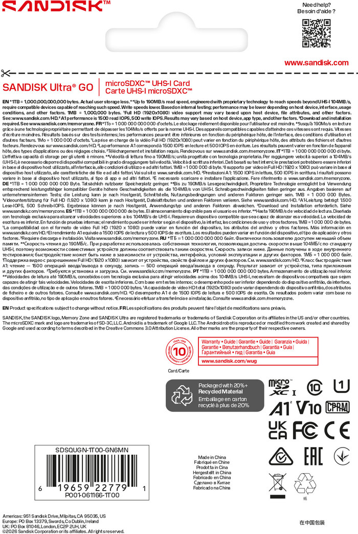 SANDISK Ultra GO microSDXC 1TB 190MB/s verpakking