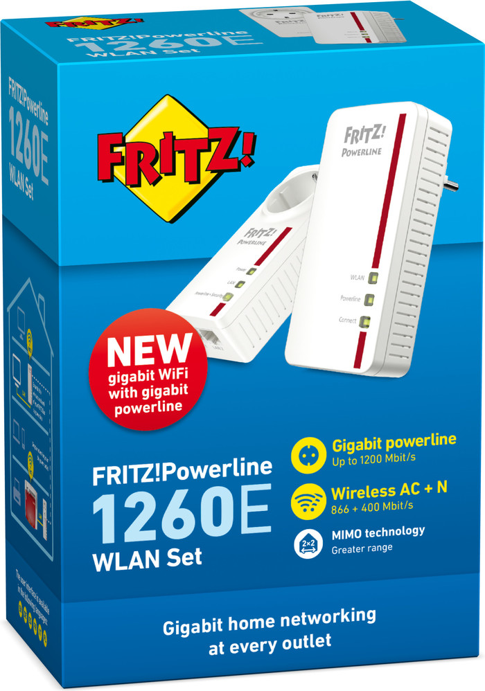 AVM FRITZ!Powerline 1260E WLAN Set International WiFi 1200 Mbps 2 adapters verpakking