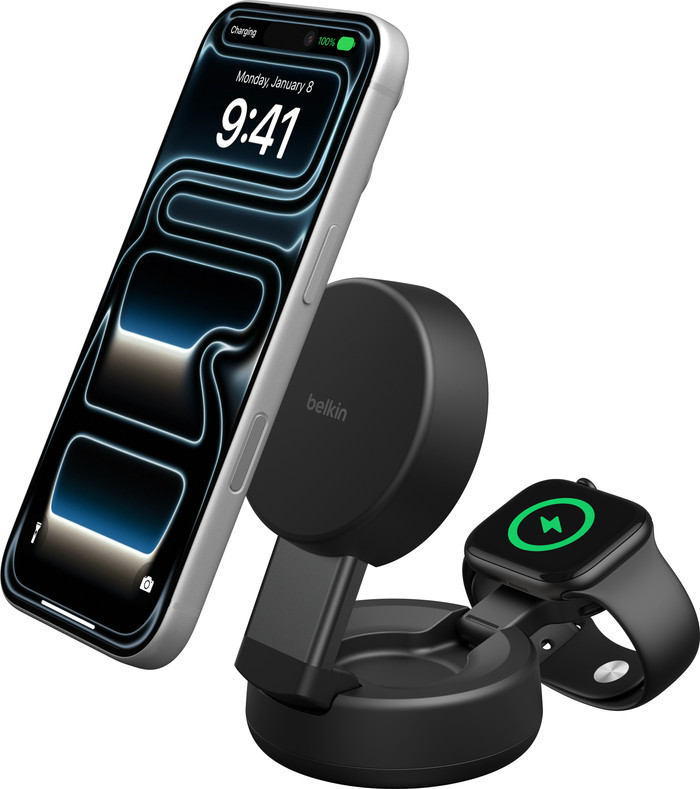 Belkin UltraCharge Pro Chargeur Sans Fil 2-en-1 MagSafe avec Support Qi2 25 W Noir Main Image