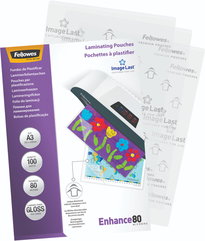 Fellowes Laminating Sheets Enhance 80mic A3 (100 units) packaging