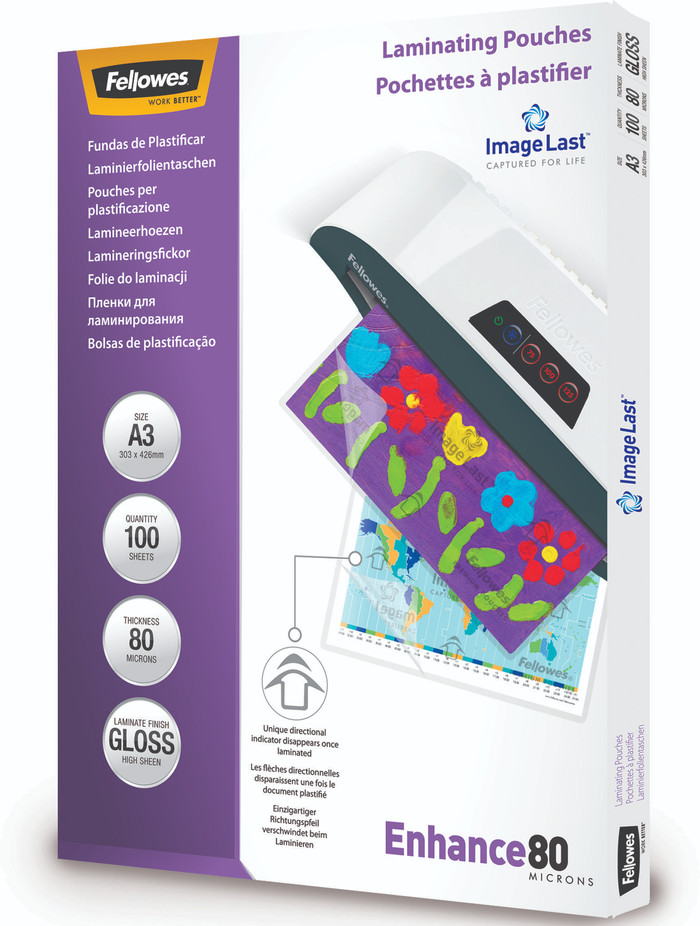 Fellowes Laminating Sheets Enhance 80mic A3 (100 units) packaging