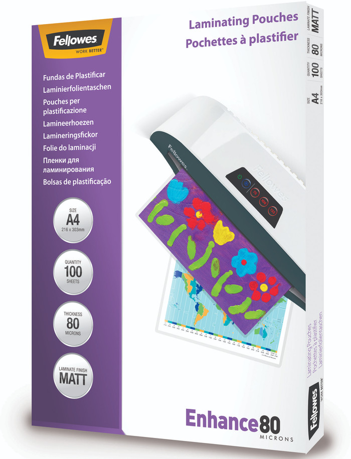 Fellowes Laminator covers Enhance Mat 80 mic A4 (100 Pieces) packaging