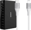 Anker Oplader met 10 Usb Poorten 12W Zwart + BlueBuilt Lightning Kabel 1,5m Nylon Wit
