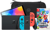 Nintendo Switch OLED Blauw/Rood + Super Mario Bros. Wonder + BlueBuilt Beschermhoes