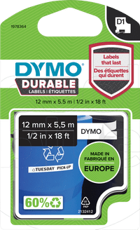 DYMO Durable D1 Tape 12mm x 5.5m Black White Label