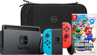 Nintendo Switch Rouge/Bleu + Super Mario Bros. Wonder + BlueBuilt Housse de Protection