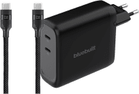 BlueBuilt 140W GaN Oplader met 2 Usb C Poorten Zwart + BlueBuilt Usb C Kabel 240W 2m Nylon