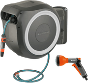 GARDENA Wall Hose Box 25 RollUp M/L White + Spray Nozzle 