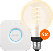 Philips Hue Filament White Ambiance Globe Lot de 4 + Bridge Kit de démarrage pour ampoules connectées