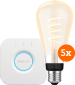 Philips Hue Filament White Ambiance Edison XL Lot de 5 + Bridge Kit de démarrage pour ampoule connectée compatible avec l'Assistant Google