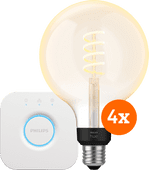 Philips Hue Filament White Ambiance Globe XL Lot de 4 + Bridge Kit de démarrage pour ampoules connectées