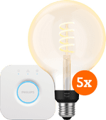 Philips Hue Filament White Ambiance Globe XL Lot de 5 + Bridge Kit de démarrage pour ampoule connectée compatible avec l'Assistant Google