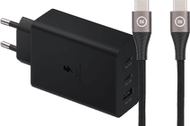 Samsung Oplader met 3 Usb Poorten 65W Zwart + Usb C Kabel Nylon Zwart 1,5m Oplader met kabel