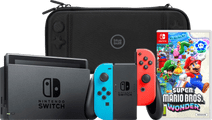 Nintendo Switch Rood/Blauw + Super Mario Bros. Wonder + BlueBuilt Beschermhoes Nintendo Switch console (2019 upgrade)