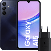 Samsung Galaxy A15 128GB Donkerblauw 4G + Samsung Oplader 25 Watt Zwart Smartphone van gemiddeld formaat