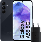 Samsung Galaxy A55 128 Go Bleu Foncé 5G + Samsung Chargeur Rapide 25 Watts Noir Smartphone le plus rapide