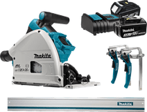 Makita DSP600ZJ + Batterie 3,0 Ah (2x) et Chargeur + Rail de Guidage Scie circulaire sur batterie Makita