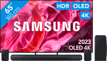 Samsung QD OLED 65S90C (2023) + Soundbar Samsung TV with a One Remote remote.