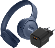 JBL Tune 520BT Blue + BlueBuilt Quick Charge Charger with USB-A Port 18W Black 