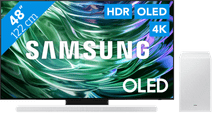Samsung OLED 4K 48S90D (2024) + Samsung HW-S701D White (2024) Samsung TV with a One Remote remote.