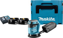 Makita DBO180ZJ Batterie 5,0 Ah (2x) Kit de Démarrage Ponceuse avec récupérateur de poussière