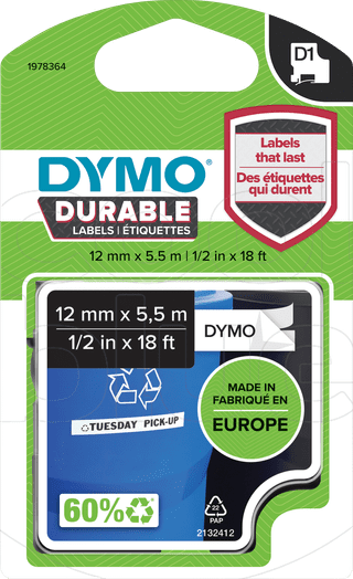 DYMO Durable D1 Tape 12mm x 5.5m Black White Label
