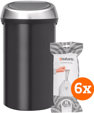 Brabantia Touch Bin 60L Matte Black Fingerprint-Proof + Trash Bags (120 units)