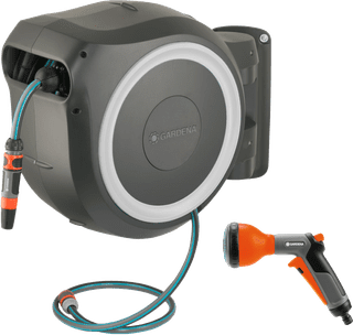 GARDENA Wall Hose Box 25 RollUp M/L White + Spray Nozzle