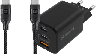 BlueBuilt Power Delivery Oplader 2 Usb C Poorten 65W + Usb C Kabel 3m Nylon Zwart