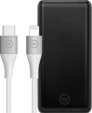 BlueBuilt Powerbank met Snelladen 20.000 mAh + Lightning Kabel 1,5m Nylon Wit