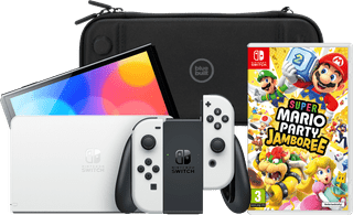 Nintendo Switch OLED White + Mario Party Jamboree + BlueBuilt Travel Case