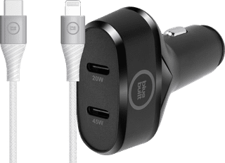 BlueBuilt Power Delivery Car Charger 45W Black + Lightning Cable 1.5 Nylon White