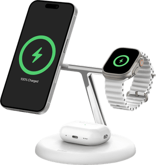 Belkin Boost Charge Pro Chargeur Sans Fil MagSafe et Qi2 3-en-1 15 W avec Support Blanc